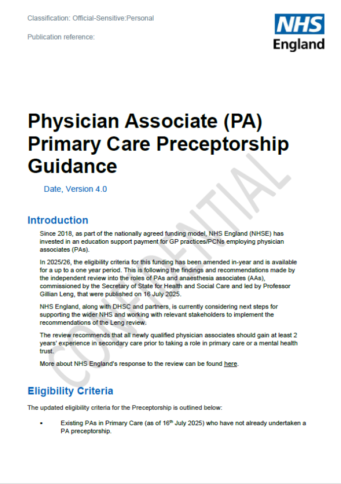 Physician Associate (PA) Primary Care Preceptorship Guidance
